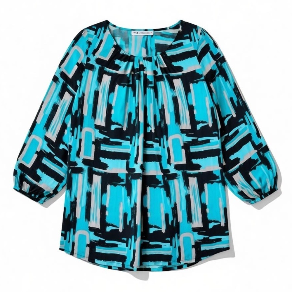 4/$20 Fred David Abstract Print Pleated Neck Blouse Tunic Top Size Small - Picture 2 of 5